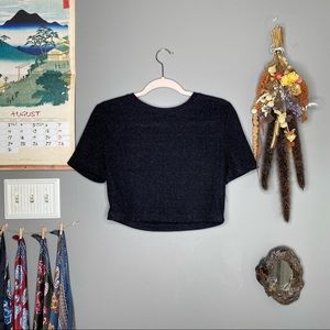 Black Shimmer Shot Sleeve Crop Top - Size L